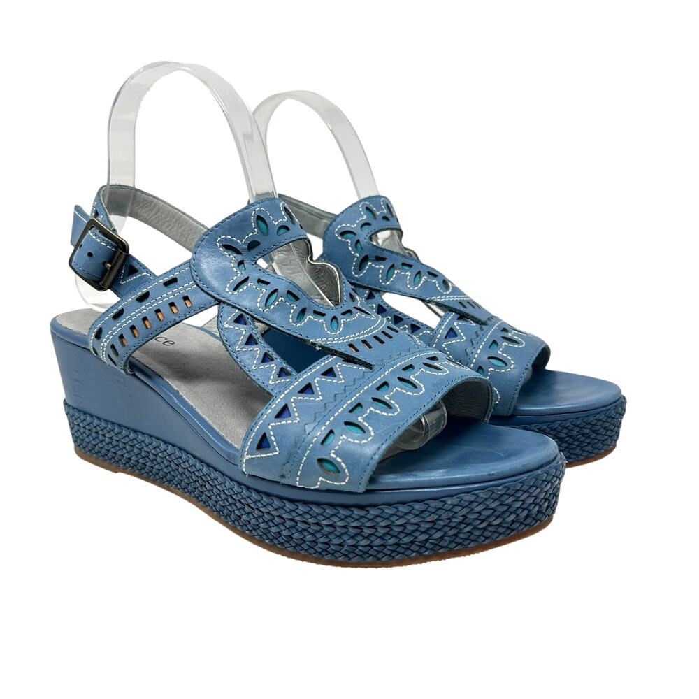 Sundance Pampil Wedge Sandals Cut Out Embroidered Leather Blue Size 39 US 8